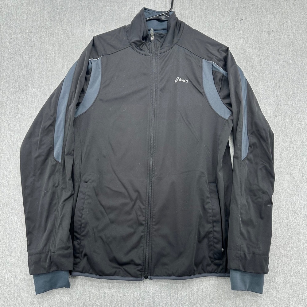 Asics Jacket Mens Medium Black Full Zip Track Performance Reflective Athletic